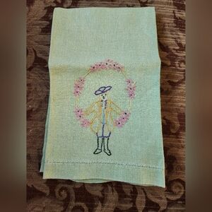 Vintage Embroidered Linen Tea Towel with Floral Design And Man